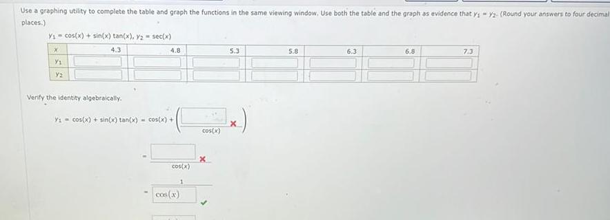 Use a graphing utility to complete the table and graph the functions in the same viewing window Use both the table and the graph as evidence that yyz Round your answers to four decimal places Y cos x sin x tan x y2 sec x X 4 3 Y Y2 Verify the identity algebraically 4 8 Y cos x sin x tan x cos x cos x 1 cos x cos x X 5 3 X 5 8 6 3 6 8 7 3