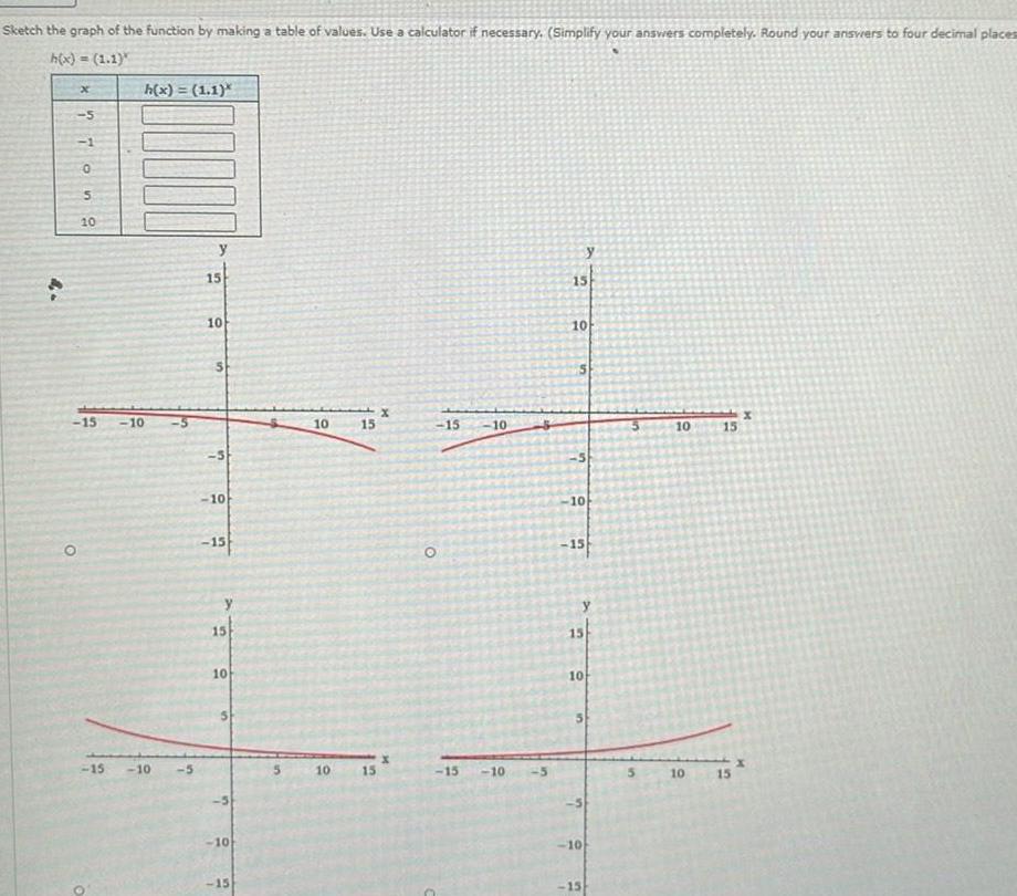 Sketch the graph of the function by making a table of values Use a calculator if necessary Simplify your answers completely Round your answers to four decimal places h x 1 1 x O 5 1 0 5 10 h x 1 1 15 10 15 10 5 y 15 10 5 S 10 15 y 15 10 5 10 15 10 10 15 15 X O 15 10 15 10 7 15 10 S 7 y 10 15 15 10 5 10 15 S 10 10 15 15 X