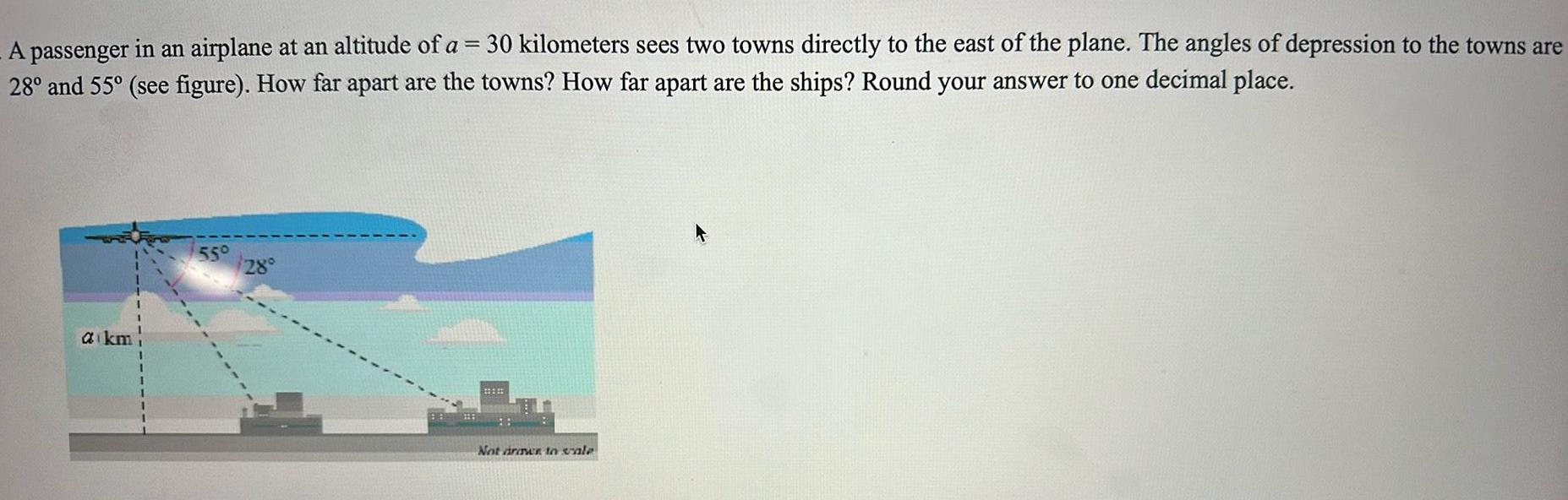 A passenger in an airplane at an altitude of a 30 kilometers sees two towns directly to the east of the plane The angles of depression to the towns are 28 and 55 see figure How far apart are the towns How far apart are the ships Round your answer to one decimal place a km 55 28 88 Not drawn to sale