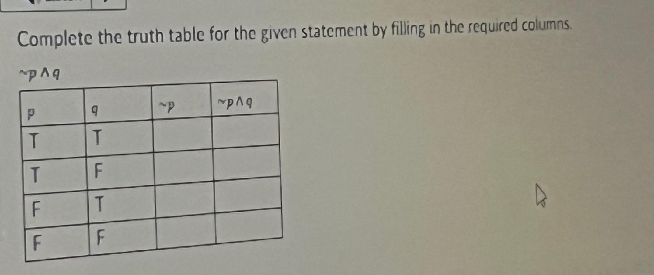 Complete the truth table for the given statement by filling in the required columns paq T T F F 9 T F T F P pag