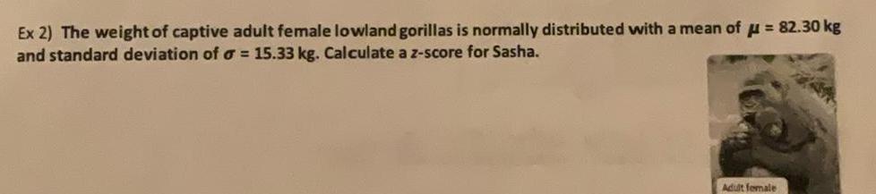 Ex 2 The weight of captive adult female lowland gorillas is normally distributed with a mean of 82 30 kg and standard deviation of a 15 33 kg Calculate a z score for Sasha Adult female