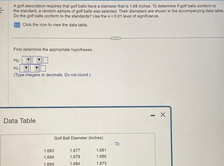 A golf association requires that golf balls have a diameter that is 1 68 inches To determine if golf balls conform to the standard a random sample of golf balls was selected Their diameters are shown in the accompanying data table Do the golf balls conform to the standards Use the x 0 01 level of significance Click the icon to view the data table First determine the appropriate hypotheses Ho H Type integers or decimals Do not round Data Table Golf Ball Diameter inches 1 683 1 684 1 684 1 677 1 679 1 684 1 681 1 686 1 673 X