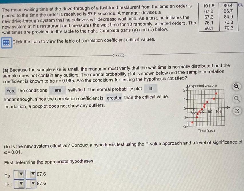 The mean waiting time at the drive through of a fast food restaurant from the time an order is placed to the time the order is received is 87 6 seconds A manager devises a new drive through system that he believes will decrease wait time As a test he initiates the new system at his restaurant and measures the wait time for 10 randomly selected orders The wait times are provided in the table to the right Complete parts a and b below Click the icon to view the table of correlation coefficient critical values Yes the conditions are satisfied The normal probability plot is linear enough since the correlation coefficient is greater than the critical value In addition a boxplot does not show any outliers a Because the sample size is small the manager must verify that the wait time is normally distributed and the sample does not contain any outliers The normal probability plot is shown below and the sample correlation coefficient is known to be r 0 985 Are the conditions for testing the hypothesis satisfied Ho H 101 5 67 6 57 6 70 8 75 1 66 1 79 3 AExpected z score 2 1 80 4 96 7 84 9 60 75 90 105 Time sec O Q b is the new system effective Conduct a hypothesis test using the P value approach and a level of significance of 0 01 First determine the appropriate hypotheses 87 6 87 6 N