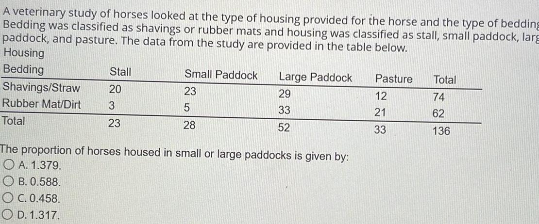 A veterinary study of horses looked at the type of housing provided for the horse and the type of bedding Bedding was classified as shavings or rubber mats and housing was classified as stall small paddock larg paddock and pasture The data from the study are provided in the table below Housing Bedding Shavings Straw Rubber Mat Dirt Total Stall 20 3 23 B 0 588 OC 0 458 OD 1 317 Small Paddock 23 5 28 Large Paddock 29 33 52 The proportion of horses housed in small or large paddocks is given by A 1 379 Pasture 12 21 33 Total 74 62 136