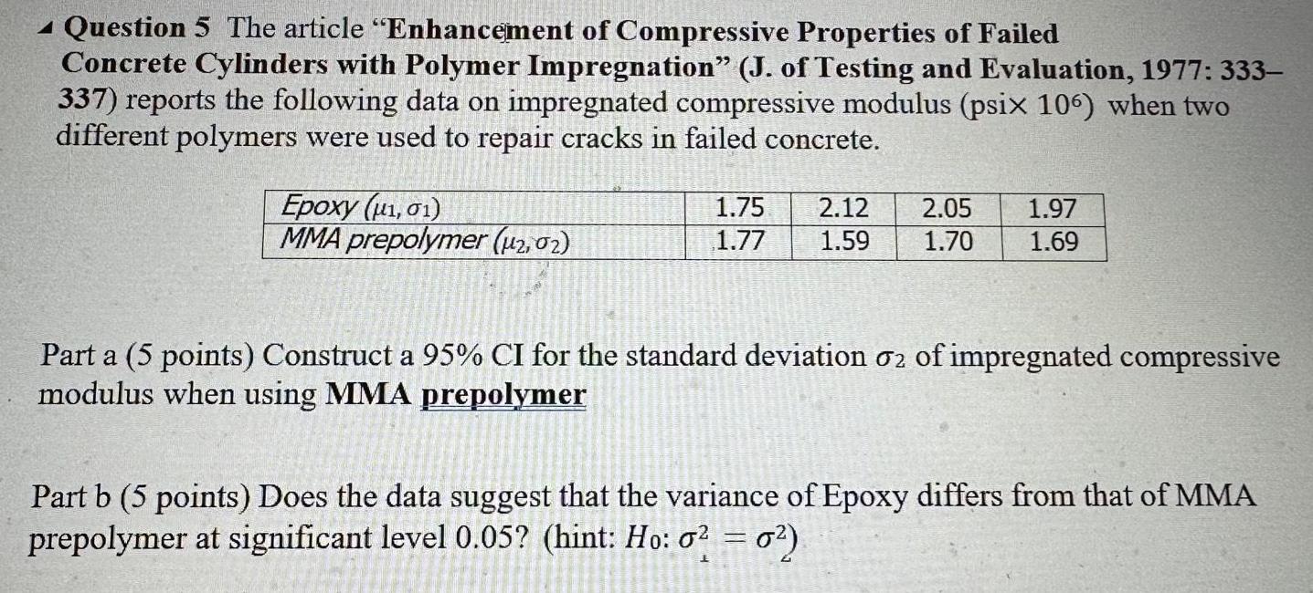 Question 5 The article Enhancement of Compressive Properties of Failed Concrete Cylinders with Polymer Impregnation J of Testing and Evaluation 1977 333 337 reports the following data on impregnated compressive modulus psix 106 when two different polymers were used to repair cracks in failed concrete Epoxy 1 01 MMA prepolymer 2 02 1 75 2 12 2 05 1 77 1 59 1 70 1 97 1 69 Part a 5 points Construct a 95 CI for the standard deviation 02 of impregnated compressive modulus when using MMA prepolymer Part b 5 points Does the data suggest that the variance of Epoxy differs from that of MMA prepolymer at significant level 0 05 hint Ho 0 0