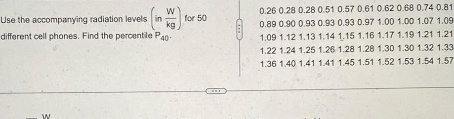 W Use the accompanying radiation levels in kg different cell phones Find the percentile P40 W for 50 0 26 0 28 0 28 0 51 0 57 0 61 0 62 0 68 0 74 0 81 0 89 0 90 0 93 0 93 0 93 0 97 1 00 1 00 1 07 1 09 1 09 1 12 1 13 1 14 1 15 1 16 1 17 1 19 1 21 1 21 1 22 1 24 1 25 1 26 1 28 1 28 1 30 1 30 1 32 1 33 1 36 1 40 1 41 1 41 1 45 1 51 1 52 1 53 1 54 1 57