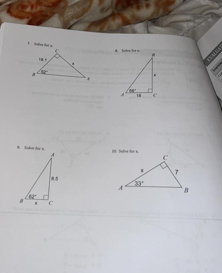 7 Solve for x B 18 1 62 B X 52 9 Solve for x C 8 5 C A 8 Solve for x A 56 A 18 10 Solve for x 33 C C 7 B EVALUAT Learning I ca