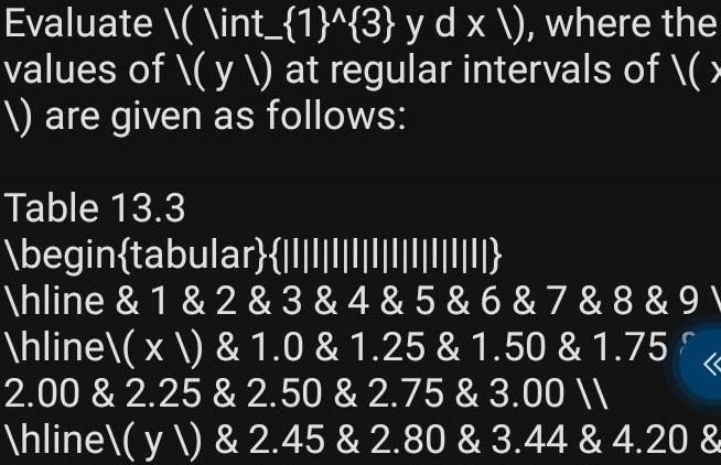 Evaluate int 1 3 y d x where the values of y at regular intervals of are given as follows Table 13 3 begin tabular hline 1 2 3 4 5 6 7 8 91 hline x 1 0 1 25 1 50 1 75 2 00 2 25 2 50 2 75 3 00 hline y 2 45 2 80 3 44 4 20