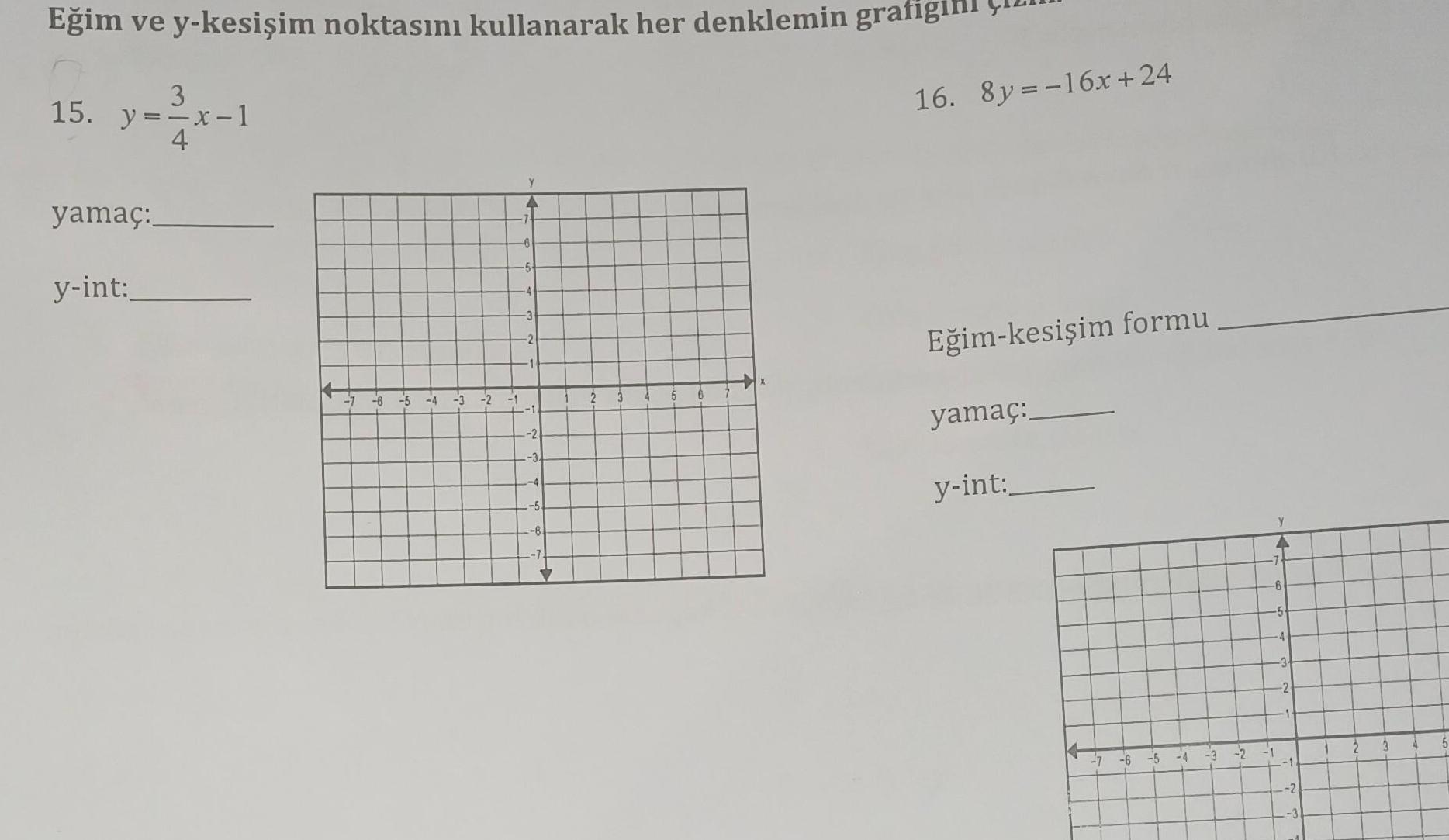 E im ve y kesi im noktas n kullanarak her denklemin grafigl 3 15 y x 1 4 yama y int 7 6 5 4 3 2 1 2 3 4 5 8 3 4 5 16 8y 16x 24 E im kesi im formu yama y int 7 5 6 4 3 2 6 5 3 24 2 2 3 5