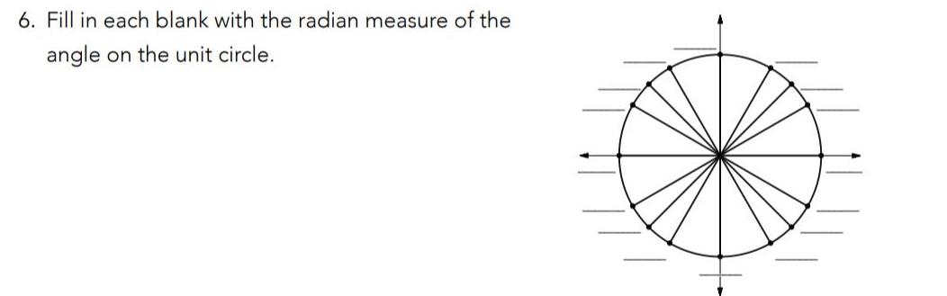 6 Fill in each blank with the radian measure of the angle on the unit circle