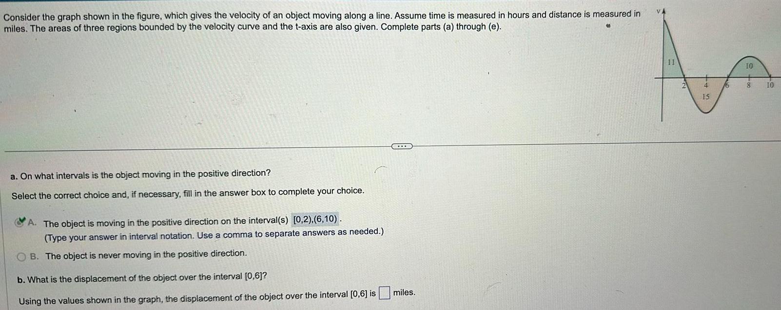 Consider the graph shown in the figure which gives the velocity of an object moving along a line Assume time is measured in hours and distance is measured in miles The areas of three regions bounded by the velocity curve and the t axis are also given Complete parts a through e a On what intervals is the object moving in the positive direction Select the correct choice and if necessary fill in the answer box to complete your choice A The object is moving in the positive direction on the interval s 0 2 6 10 Type your answer in interval notation Use a comma to separate answers as needed B The object is never moving in the positive direction STOR b What is the displacement of the object over the interval 0 6 Using the values shown in the graph the displacement of the object over the interval 0 6 is miles 11 2 4 15 16 10 8 10