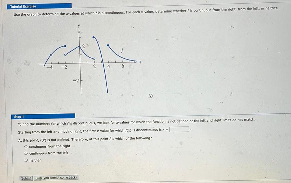 Tutorial Exercise Use the graph to determine the x values at which fis discontinuous For each x value determine whether f is continuous from the right from the left or neither 2 2 Submit Skip you cannot come back 4 6 Step 1 To find the numbers for which is discontinuous we look for x values for which the function is not defined or the left and right limits do not match Starting from the left and moving right the first x value for which f x is discontinuous is x At this point f x is not defined Therefore at this point f is which of the following O continuous from the right O continuous from the left O neither