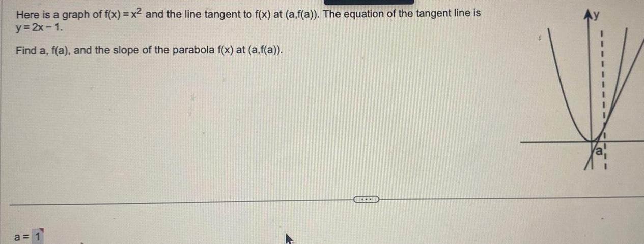 Here is a graph of f x x and the line tangent to f x at a f a The equation of the tangent line is y 2x 1 Find a f a and the slope of the parabola f x at a f a a 1 GESED