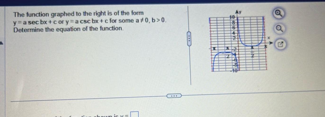 The function graphed to the right is of the form y a sec bx c or y a csc bx c for some a 0 b 0 Determine the equation of the function Ay 10 18 6 14