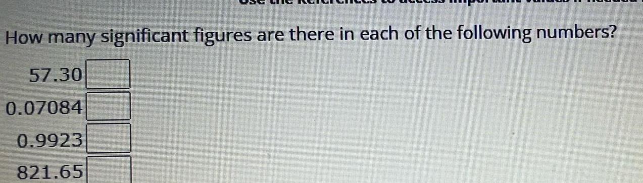 How many significant figures are there in each of the following numbers 57 30 0 07084 0 9923 821 65
