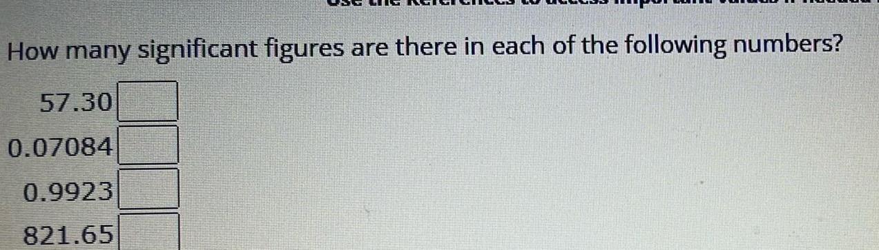 How many significant figures are there in each of the following numbers 57 30 0 07084 0 9923 821 65