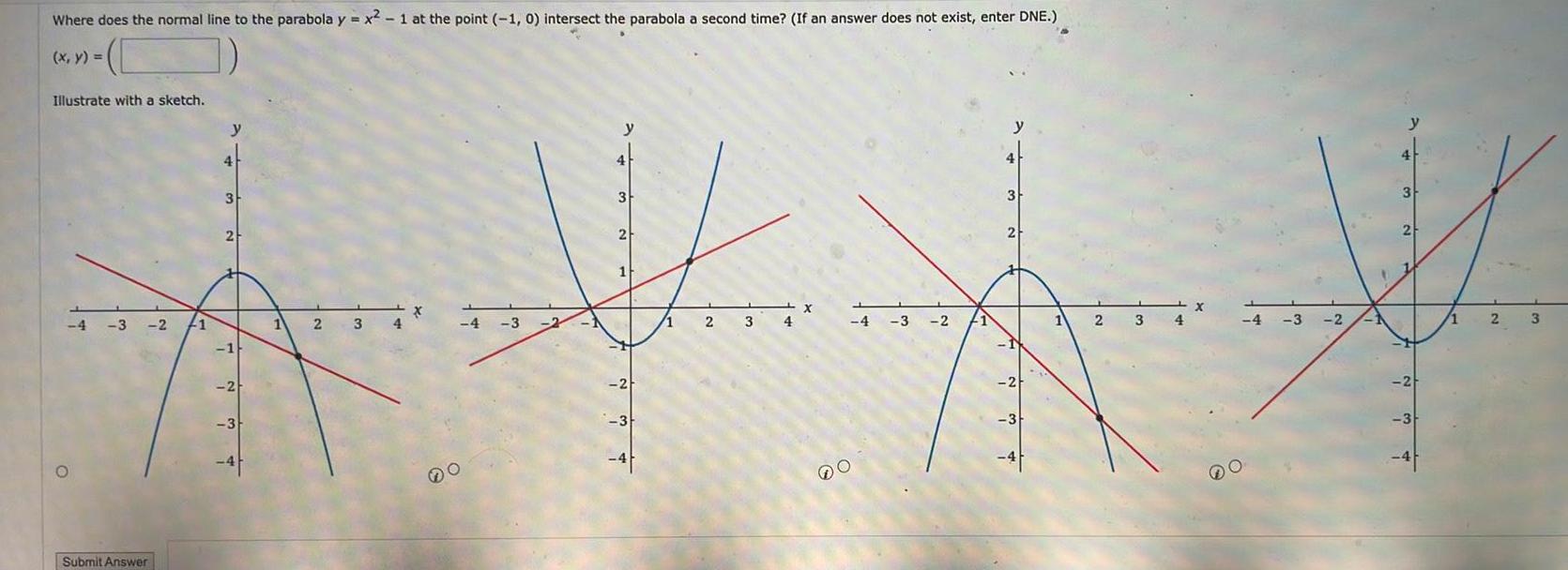 Where does the normal line to the parabola y x 1 at the point 1 0 intersect the parabola a second time If an answer does not exist enter DNE x y Illustrate with a sketch 4 3 2 Submit Answer 1 y 4 3 2 1 2 3 1 2 3 4 X 4 3 2 y 4 3 2 1 2 3 1 2 3 4 X 4 3 2 41 y 2 2 3 1 2 3 4 X 4 3 2 1 3 2 2 3 1 2 3