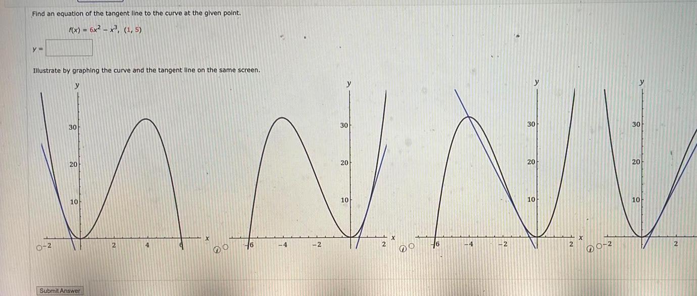 Find an equation of the tangent line to the curve at the given point f x 6x x 1 5 y Illustrate by graphing the curve and the tangent line on the same screen y 0 2 30 20 10 Submit Answer 2 y N N V 4 2 4 2 2 6 O 6 2 0 2