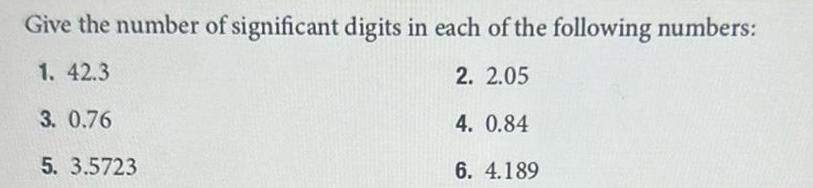 Give the number of significant digits in each of the following numbers 1 42 3 2 2 05 3 0 76 4 0 84 5 3 5723 6 4 189