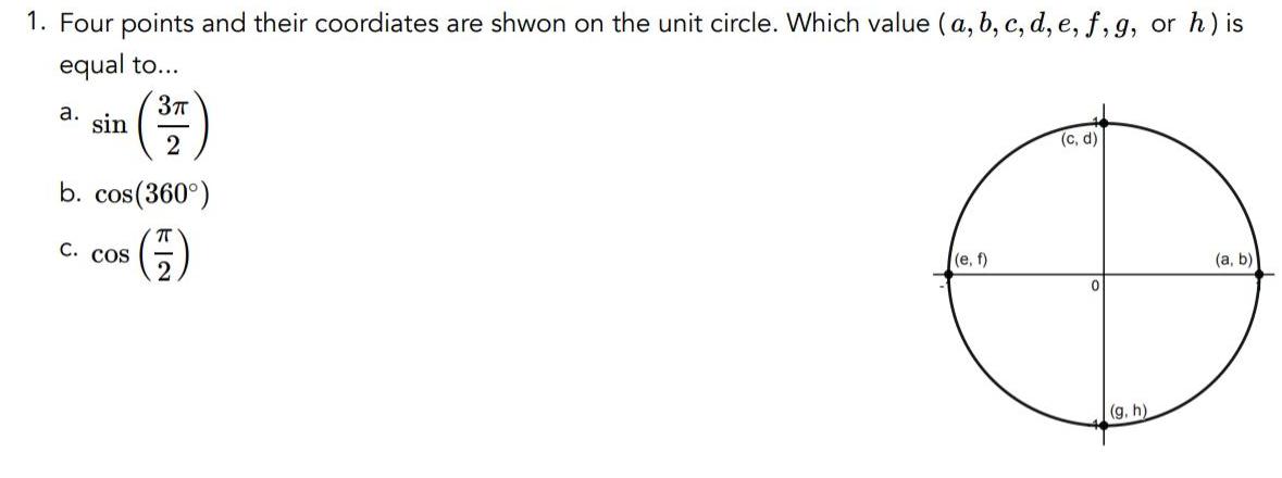 1 Four points and their coordiates are shwon on the unit circle Which value a b c d e f g or h is equal to a sin 3 2 b cos 360 C COS e f c d 0 g h a b