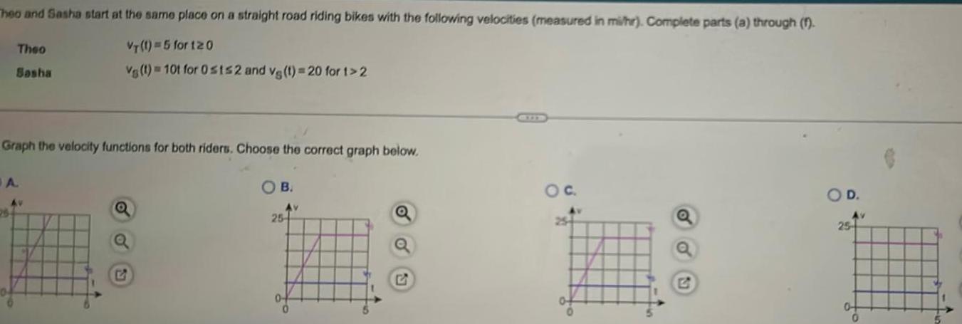 Theo and Sasha start at the same place on a straight road riding bikes with the following velocities measured in mi hr Complete parts a through f VT 1 5 for 120 Vg t 10t for Osts2 and vg t 20 for 1 2 Theo Sasha Graph the velocity functions for both riders Choose the correct graph below JA 25 Av Q C OB Av 25 04 OC O D 25 Av