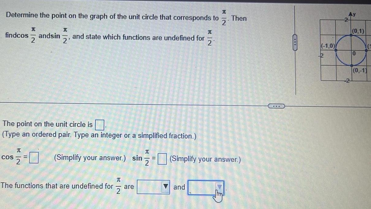 Determine the point on the graph of the unit circle that corresponds to T findcos 2 andsin COS T and state which functions are undefined for The point on the unit circle is Type an ordered pair Type an integer or a simplified fraction The functions that are undefined for 2 2 are RIN and 2 T T 2 0 Simplify your answer sin Simplify your answer RIN 2 Then 1 0 2 Ay 2 0 1 10 1 0 1