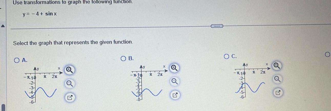 Use transformations to graph the following function y 4 sinx Select the graph that represents the given function O A Ay K 2x G OB K 2x G O C Ay 10 21 G O