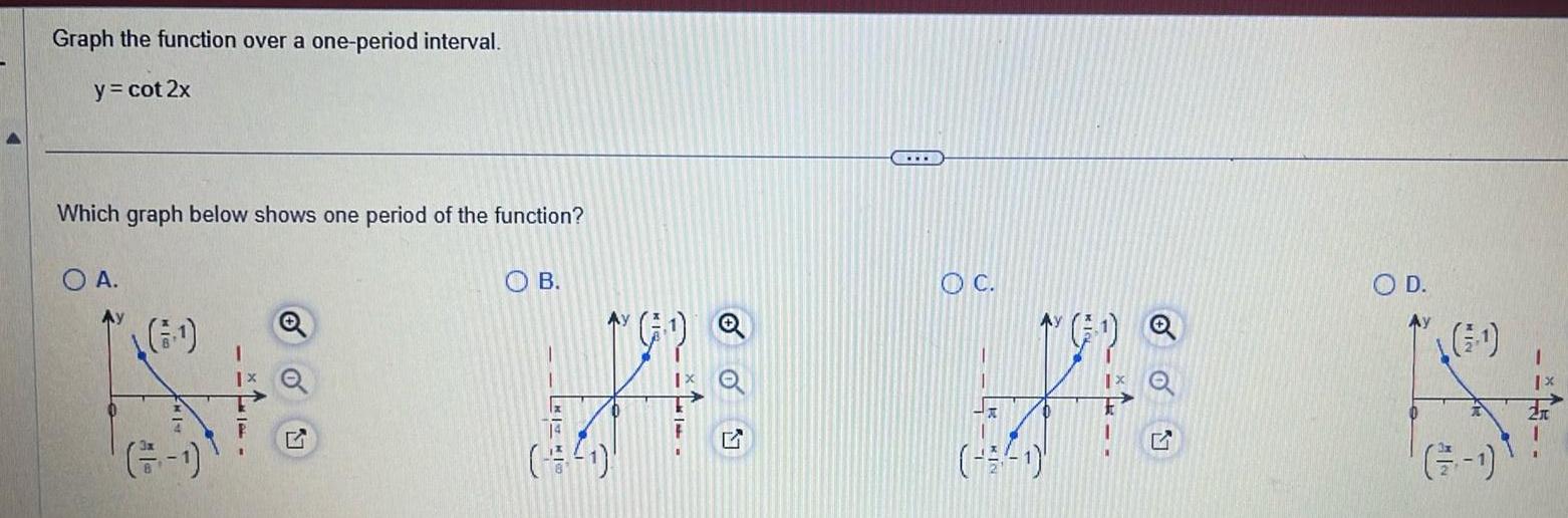 Graph the function over a one period interval y cot 2x Which graph below shows one period of the function O A 6 GF G B O C A O D Ay 6 1 1131