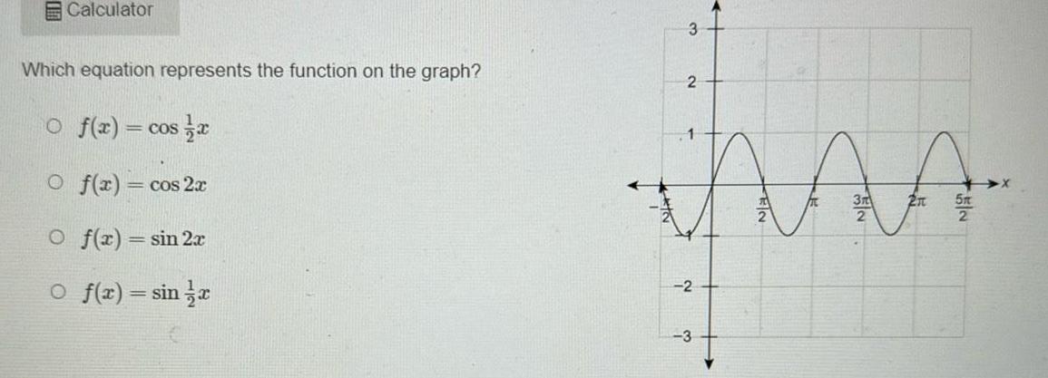 Calculator Which equation represents the function on the graph Of x cos x Of x cos2x O f x sin 2x O f x sin r 3 2 inas 2 3