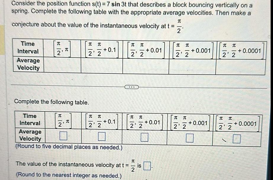 Consider the position function s t 7 sin 3t that describes a block bouncing vertically on a spring Complete the following table with the appropriate average velocities Then make a conjecture about the value of the instantaneous velocity at t 2 Time Interval Average Velocity T 2 Time Interval Complete the following table 2 T 2 2 T T 2 2 0 1 0 1 Average Velocity Round to five decimal places as needed T T 2 2 EIN EN 2 2 T The value of the instantaneous velocity at t Round to the nearest integer as needed 2 is 0 01 0 01 T B EN 2 2 T 2 2 0 001 0 001 T 2 2 KIN T T 2 2 0 0001 0 0001