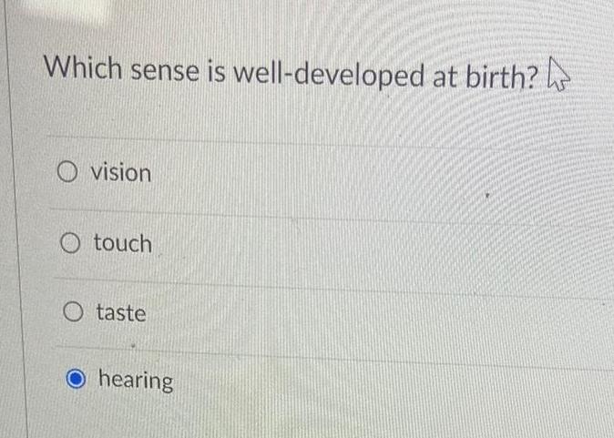 Which sense is well developed at birth Ovision O touch O taste hearing