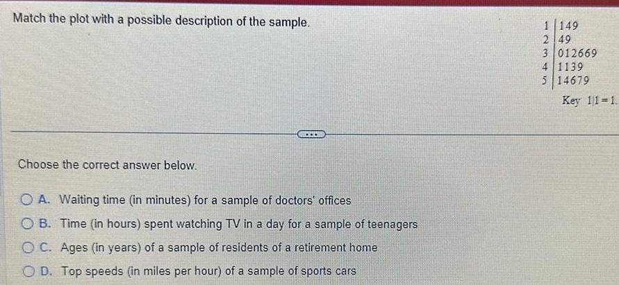 Match the plot with a possible description of the sample Choose the correct answer below O A Waiting time in minutes for a sample of doctors offices OB Time in hours spent watching TV in a day for a sample of teenagers OC Ages in years of a sample of residents of a retirement home OD Top speeds in miles per hour of a sample of sports cars 1 149 2 49 3 012669 4 1139 5 14679 Key 11 1