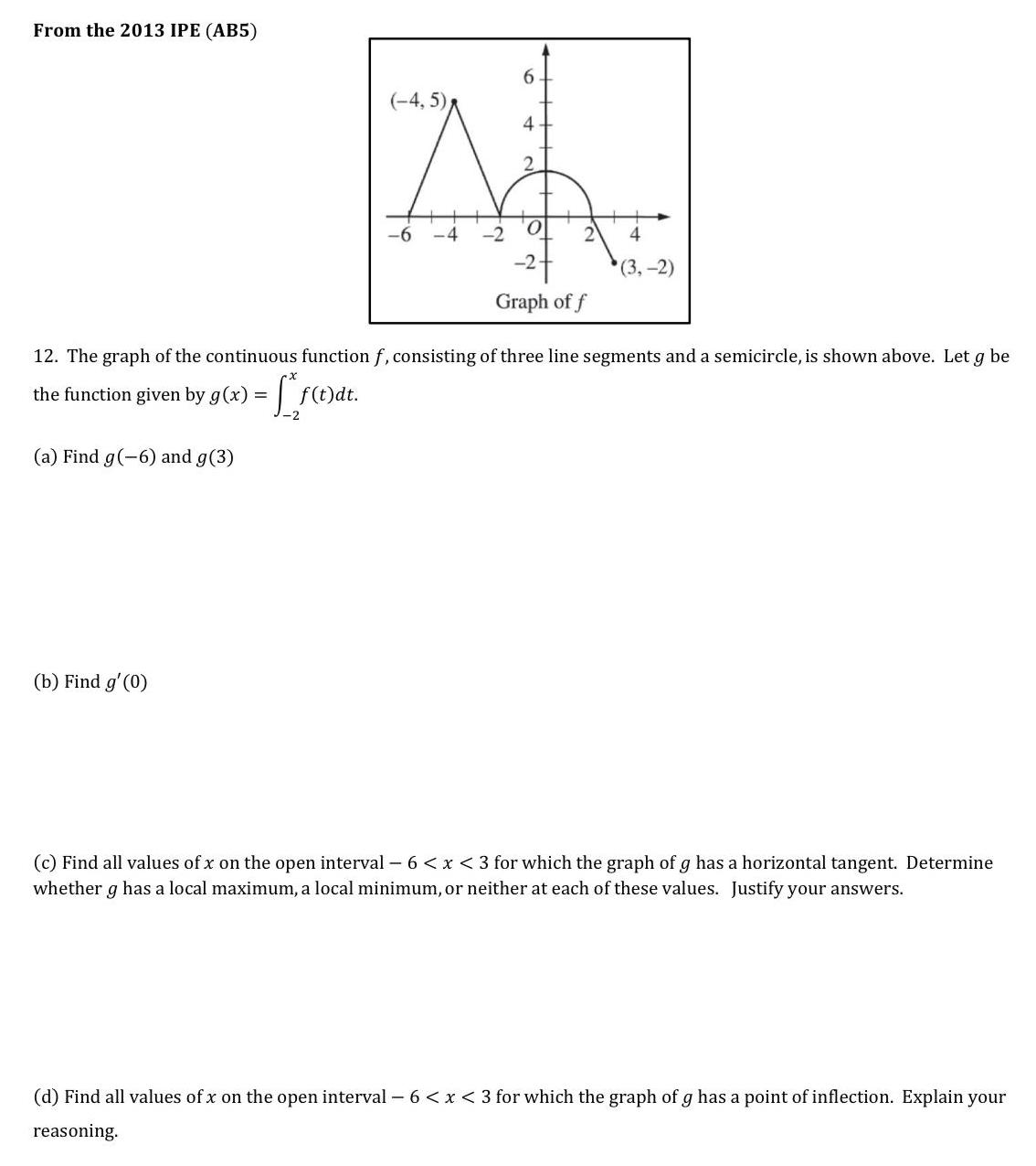 From the 2013 IPE AB5 a Find g 6 and g 3 6 4 5 4 M 6 Graph of f 12 The graph of the continuous function f consisting of three line segments and a semicircle is shown above Let g be the function given by g x L f t dt b Find g 0 4 3 2 c Find all values of x on the open interval 6 x 3 for which the graph of g has a horizontal tangent Determine whether g has a local maximum a local minimum or neither at each of these values Justify your answers d Find all values of x on the open interval 6 x 3 for which the graph of g has a point of inflection Explain your reasoning