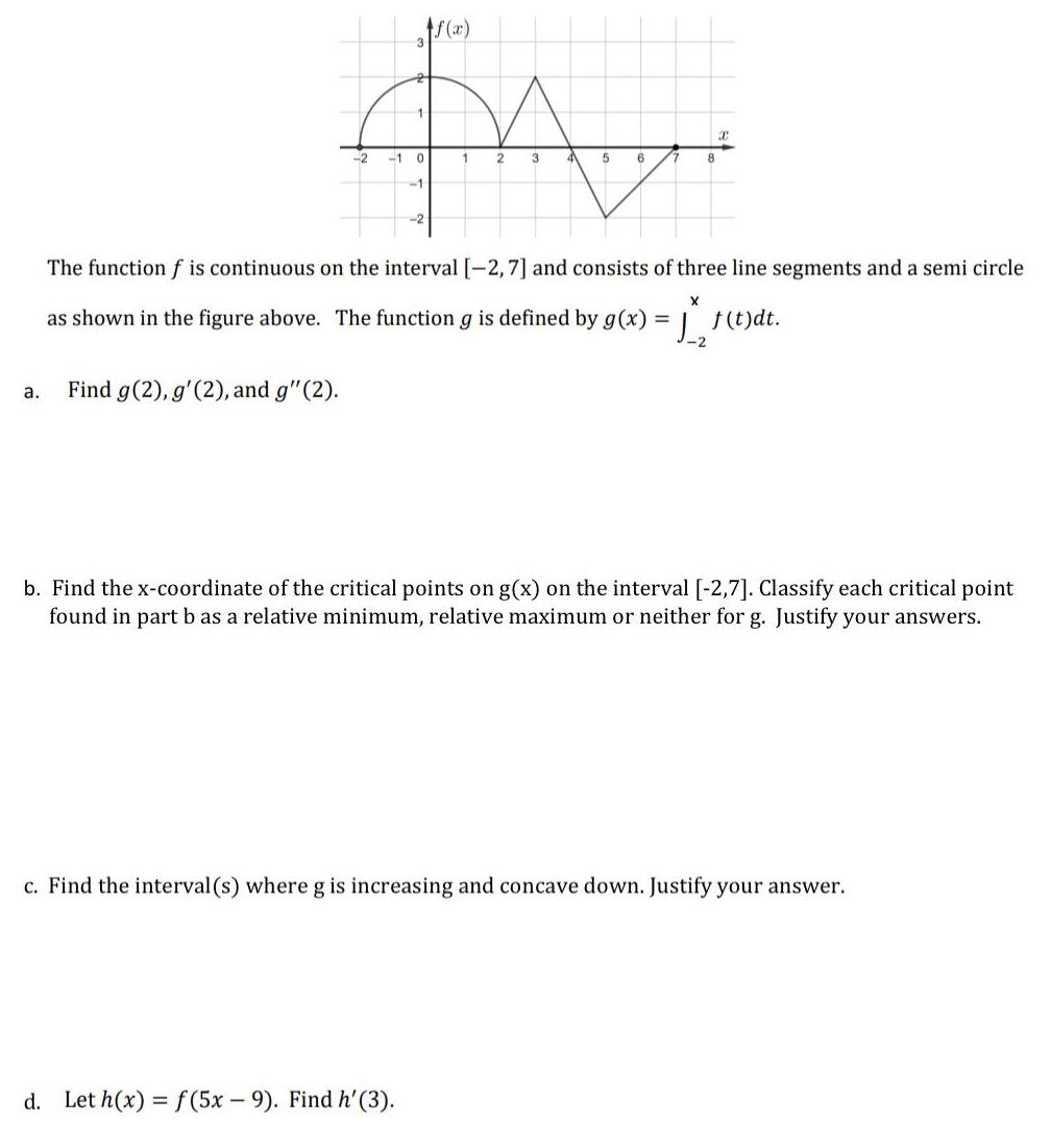 a f x 1 M 2 1 0 1 1 Find g 2 g 2 and g 2 2 5 6 7 8 The function f is continuous on the interval 2 7 and consists of three line segments and a semi circle as shown in the figure above The function g is defined by g x d Let h x f 5x 9 Find h 3 2 X J f t dt 2 b Find the x coordinate of the critical points on g x on the interval 2 7 Classify each critical point found in part b as a relative minimum relative maximum or neither for g Justify your answers c Find the interval s where g is increasing and concave down Justify your answer